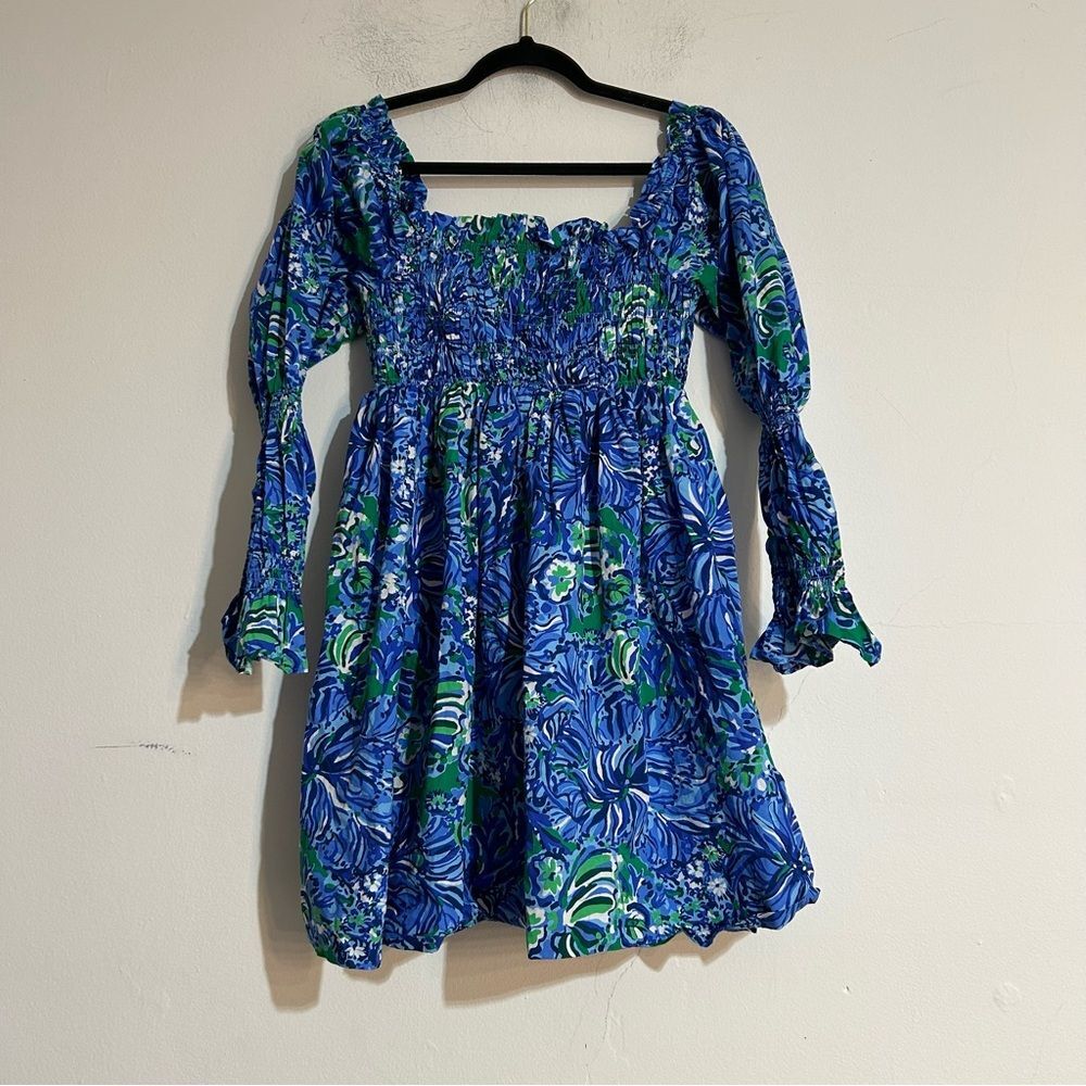 Lilly Pulitzer Beyonca Long Sleeve Smocked Mini Dress Abaco Blue Turtle Awe